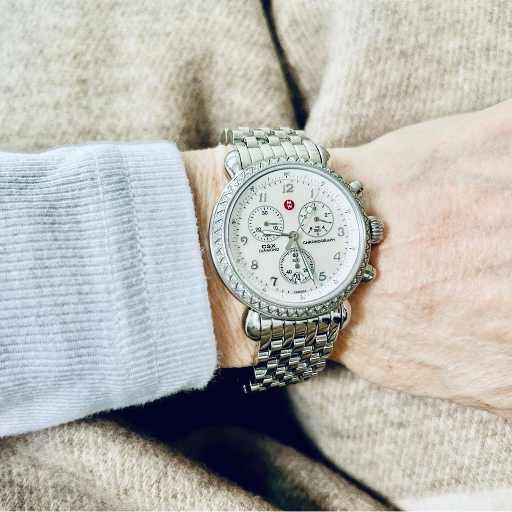 Michele Silver Diamond Face Chronograph Timepiece Set
